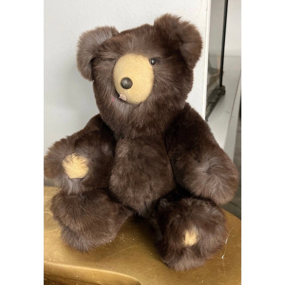 Vintage Handmade Brown Rabbit Fur & Suede Teddy Bear One Of A Kind Jointed 12″